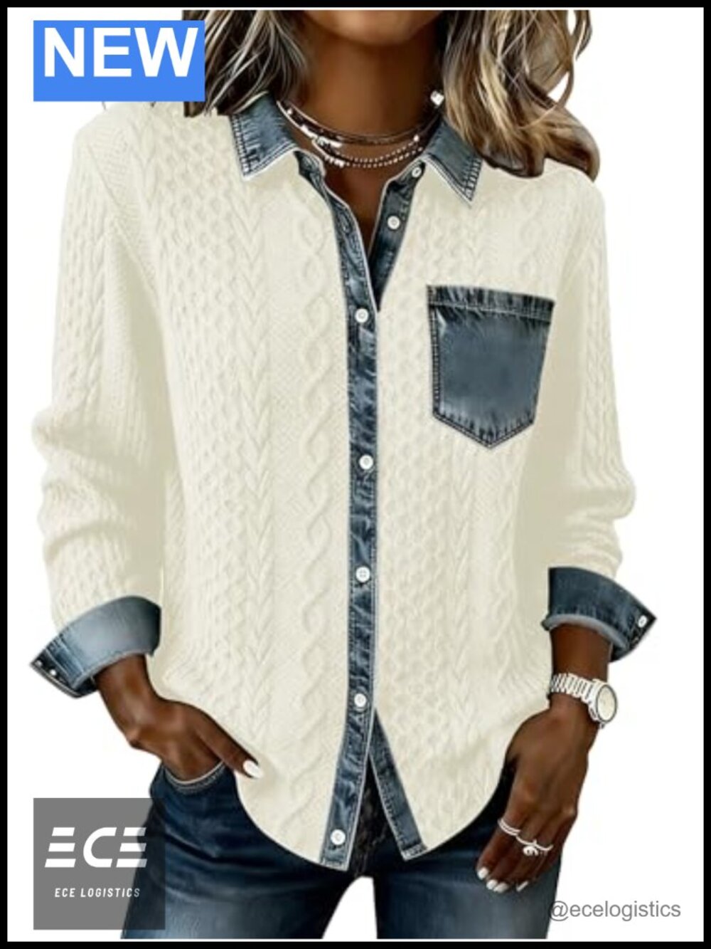 Women's Cable Knit Shacket Denim Patchwork Jacket Loose Fit Fall Winter